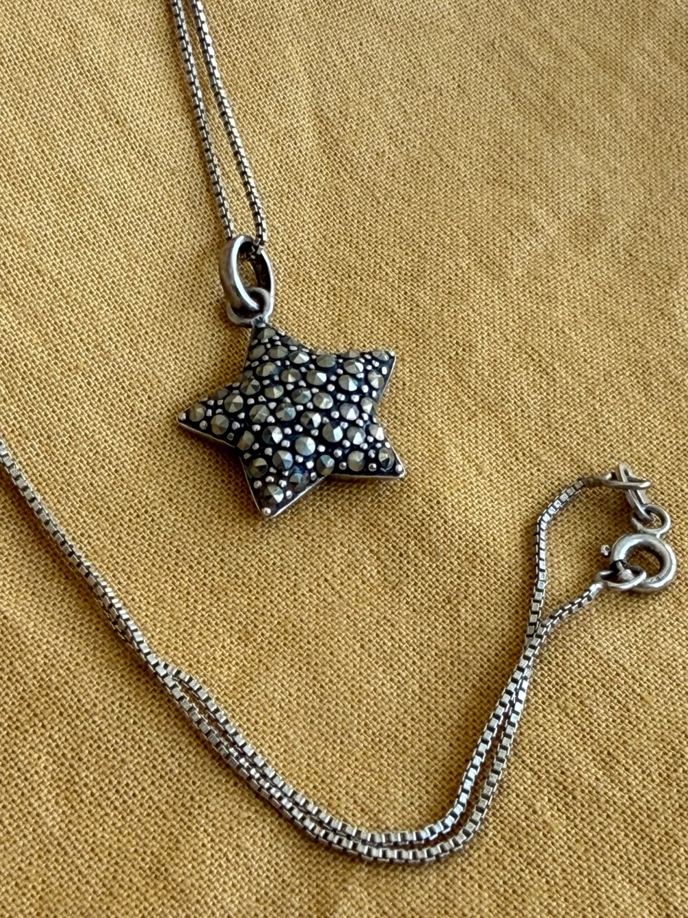 Vintage Sterling Marcasite Star Charm Necklace 25”